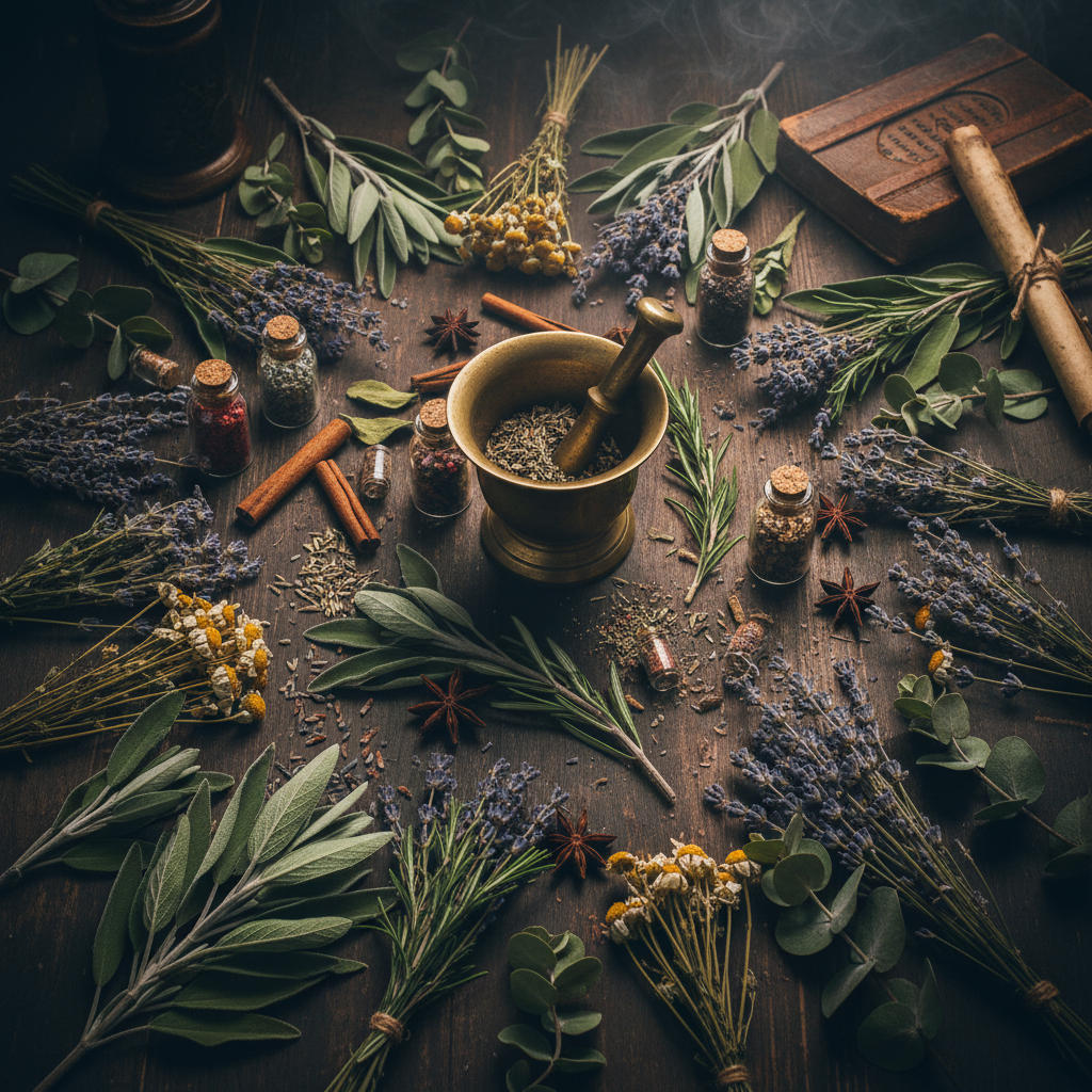 Dried botanicals with mortar and pestle